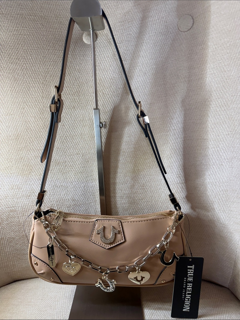 True Religion Beige Shoulder Bag with Silver Charm Chain - Picture 1 of 15